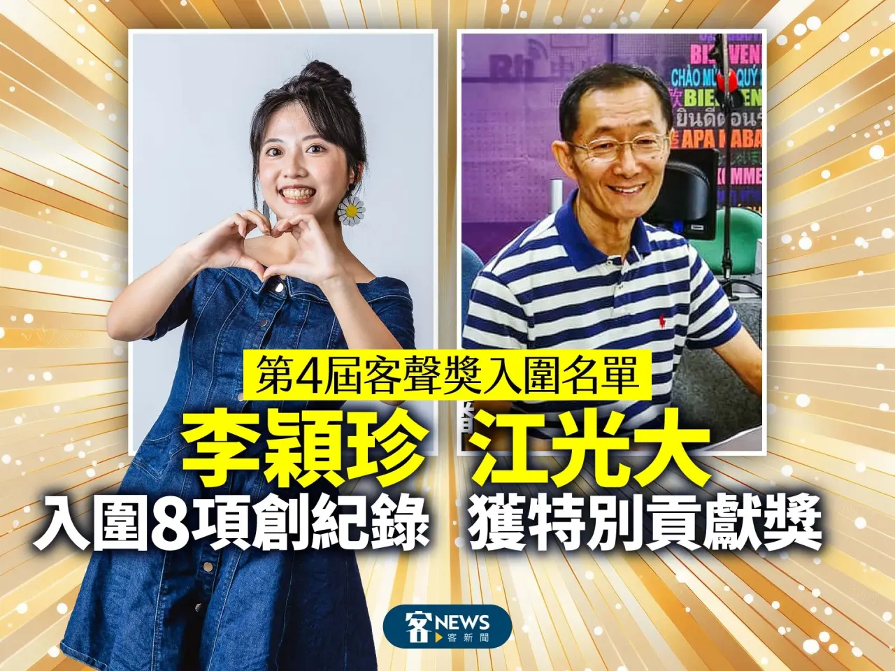 Read more about the article 第4屆客聲獎入圍名單／李穎珍入圍8項創紀錄　江光大獲特別貢獻獎